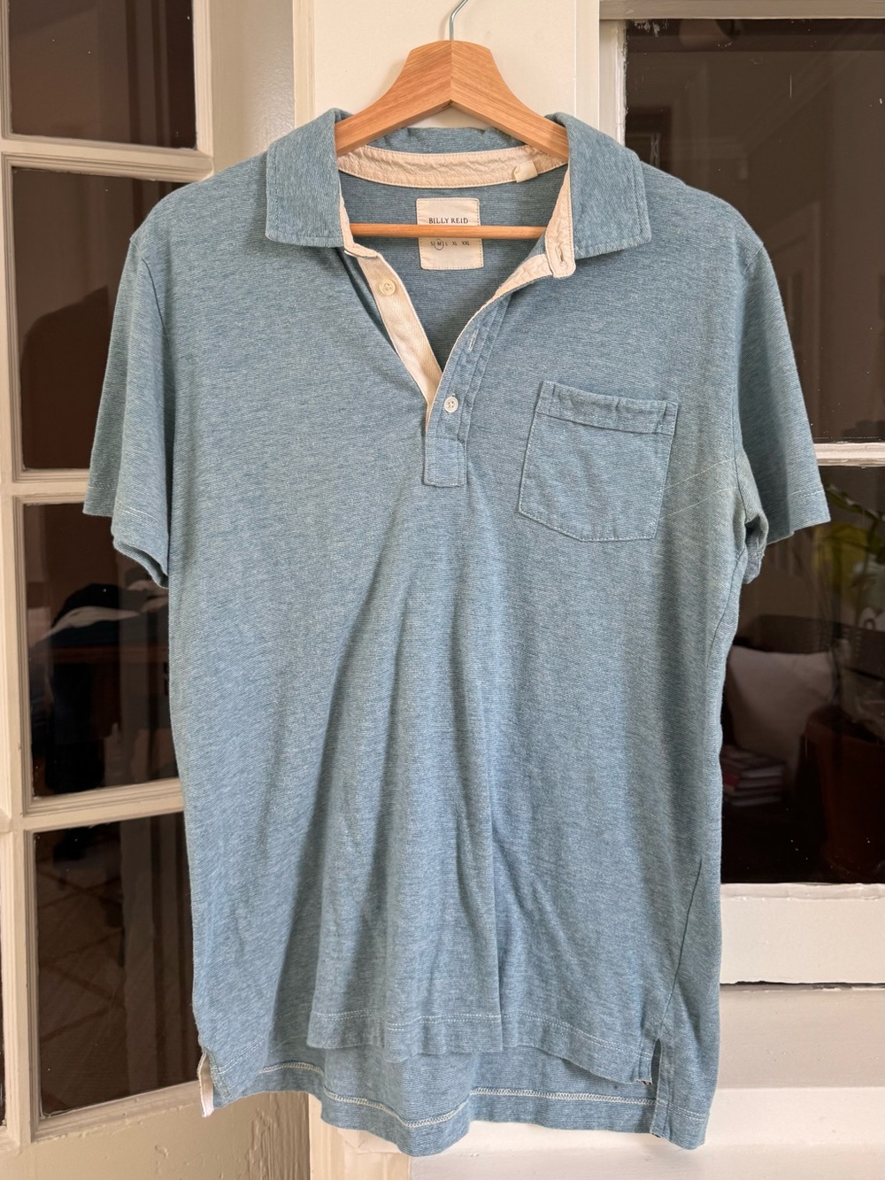 Billy Reid Polo M Light Blue Cotton Pocket Mens AS IS Pit Stains Made in Peru